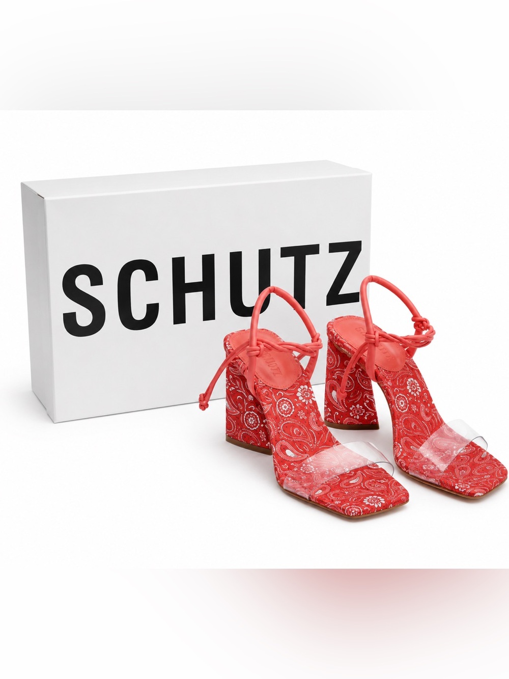SCHUTZ Mayla Paisley Block Heel Sandals with Clear Toe Strap NIB